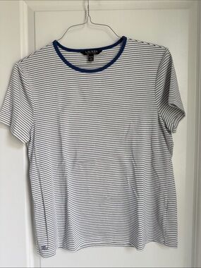 Lauren Ralph Lauren White Tee with Blue Trim and Thin Navy Stripes